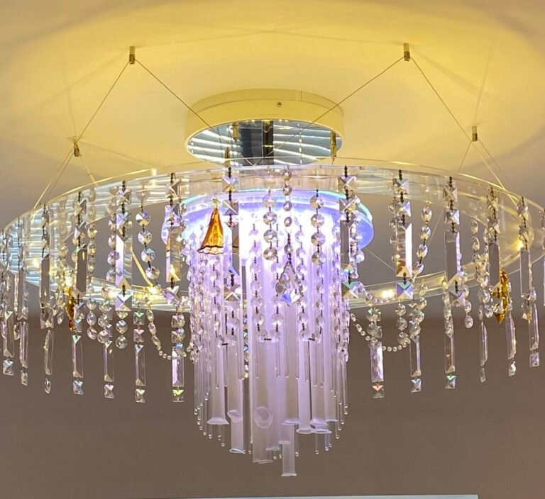 Handcrafted crystal chandelier featuring integrated modern LED lighting and vibrant neon glow highlights by Moderneonlight.